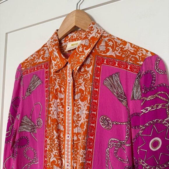 Maeve Anthropologie Potala Blouse Sz 8 Pink Orange Scarf Print Silk Button Up - Picture 3 of 12